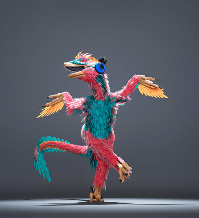 Deinonychus listens to music on headphones and dances. This is a 3d render illustrationの写真素材
