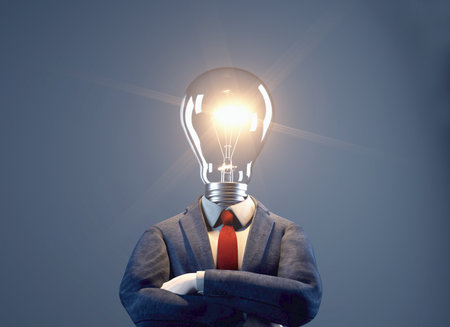 Businessman with light electric bulb instead of head. Idea concept. This is a 3d render illustrationの写真素材