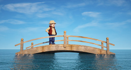 Man on a bridge in the middle of the water. Calamity, flood and global warming concept. This is a 3d render illustrationの写真素材