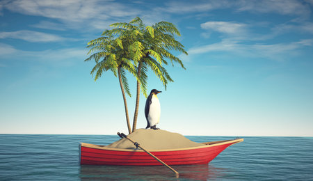 Penguin in a red boat. Global warming and natural calamity. This is a 3d render illustrationの写真素材