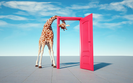 Giraffe get through a door. Curiosity an aspirations concept. This is a 3d render illustrationの写真素材