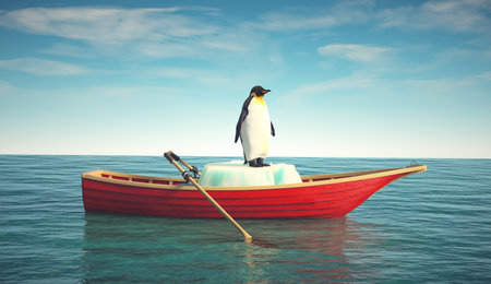 Penguin on a glacier in a red boat. Global warming and natural calamity. This is a 3d render illustration .の写真素材