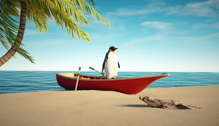 Penguin in a boat on the shore. Surreal concept with global warming and natural calamity. This is a 3d render illustrationの写真素材