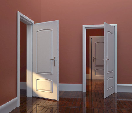 Room with open doors. Opportunities and aspirations concept. This is a 3d render illustrationの写真素材