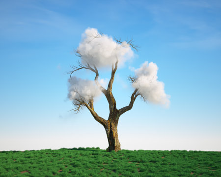 Tree on field with white cloud. Dream big and achievement concept. This is a 3d render illustrationの写真素材
