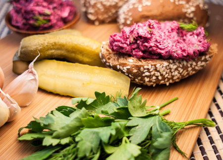 beet and mayonnaise on bread on the board