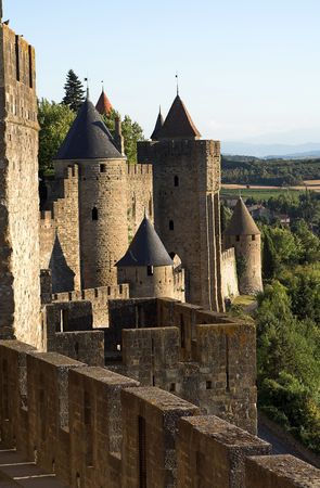 View at Carcassonne castle and surroundings in a sunny summer day with a clear blue skyの写真素材