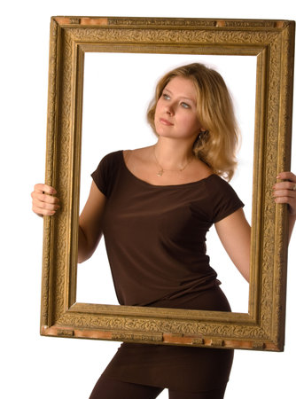 Pretty blonde girl holding an old frame; isolated on white