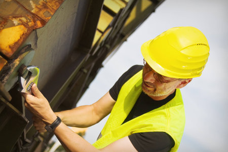 Worker in protective clothes fixing a large machine with an adjustable wrench