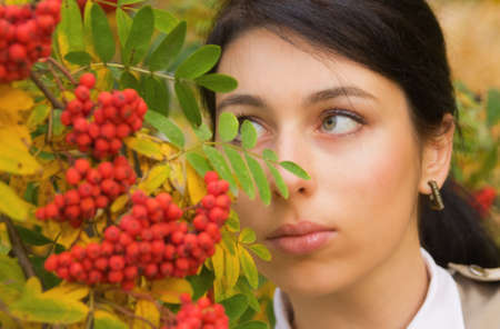Pretty young woman touching ashberries in an autumn parkの写真素材