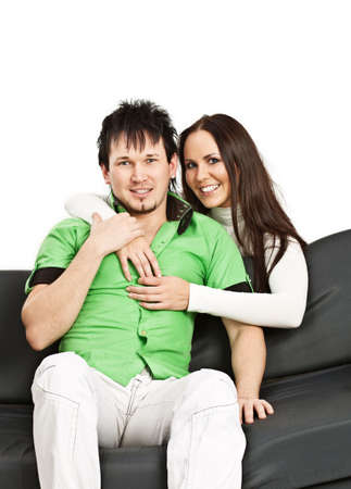 Happy young man and woman; isolated on whiteの写真素材