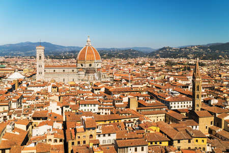 Aerial view at Florence and Duomo Santa Maria Del Fiore and Bargello (Florence, Tuscany, Italy)の写真素材