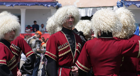PYATIGORSK, RUSSIA - JUNE 5: Unidentified dancers before the performance.Festival of Friendship of Peoples of the Caucasus in hippodrome. June 5, 2011 in Pyatigorsk, Caucasus, Russia.のeditorial素材