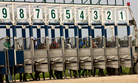 PYATIGORSK, RUSSIA -AUGUST 03: Start gates for horse races for the prize of Letni  on August 03,2014  in Pyatigorsk, Caucasus, Russia.のeditorial素材