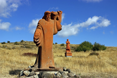 MOUNT ARAGATS,ARMENIA - OCTOBER 02:Statues creator Armenian Alphabet - Mesrop Mashtots and his disciple on Mount Aragats, park of letters (Armenian Alphabet),Armenia on October 02,2011.のeditorial素材