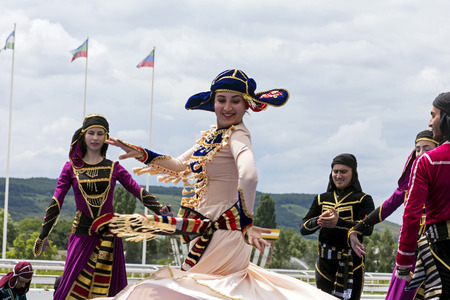 PYATIGORSK,RUSSIA - JULY 23,2017:Highland Dance in execution Folk Dance Ensemble of the Peoples of the Caucasus "Golden Fleece" in Pyatigorsk,Caucasus, Russia.のeditorial素材