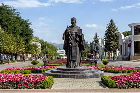 KISLOVODSK, RUSSIA - SEPTEMBER 06, 2017:A monument to St. Nicholas the Wonderworker on Kurortnoy Boulevard,since 2016.A three-meter sculptural image adorns the resort town Kislovodsk.のeditorial素材