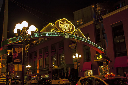 SAN DIEGO , CA - MAY 05 : Sign at the entrance to the Gaslamp Quarter in downtown San Diego,California on May 05, 2014. Historical district, features a bustling entertainment scene with bars and restaurants.のeditorial素材