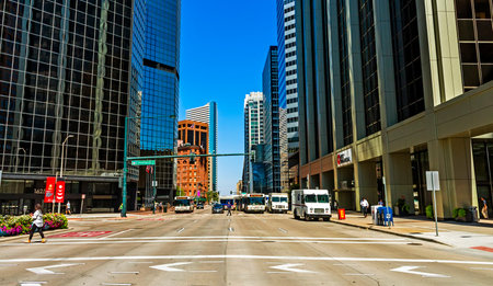 DENVER, COLORADO-SEPTEMBER 10,2019: A view of a busy street in Denver. Public transport runs along the street, and there are many opportunities for tourists to shop.のeditorial素材