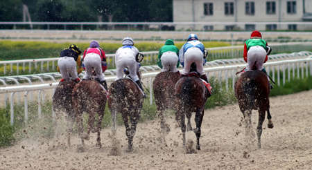 PYATIGORSK,RUSSIA - JUNE 6,2010:View from behind of jockeys in horse race,Northern Caucasus.のeditorial素材