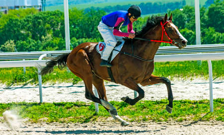 PYATIGORSK,RUSSIA - MAY 29,2022: Horse race to a Sprint Prize in Pyatigorsk hippodrome.Ahead jockey Semenov RS on brown stallion Atirf.のeditorial素材