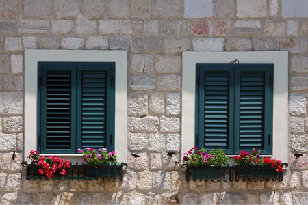 wooden shutters on the windowsの写真素材