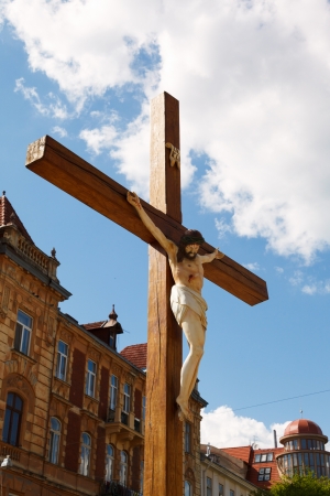 crucified on a wooden crossの写真素材