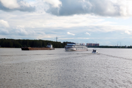 river boat cruise and river Moscow Canal in cloudy weather during the summerの写真素材