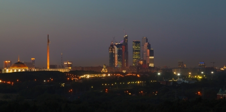night view of the skyscrapers of Moscow City and Victory Parkの写真素材