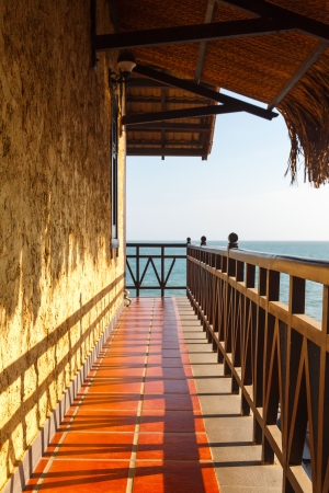 balcony in a villa in a hotel on the sea background on a sunny dayのeditorial素材