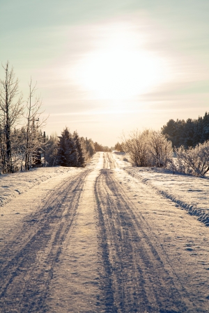 russian winter road and trees in snow blue sky and sun at sunsetの写真素材
