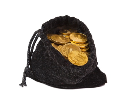 Money coins in bag on white background isolatedの写真素材