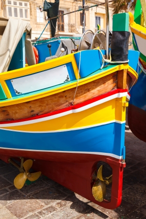 Luzzu, traditional eyed fishing boats, Marsaxlokk, Maltaの写真素材