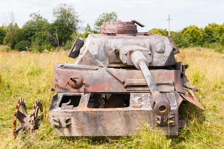 destroyed German medium tank PzKpfw IV on the fieldのeditorial素材