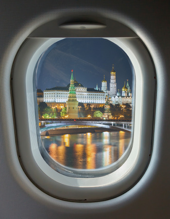 porthole and landmark, Moscow Kremlin night view from the waterfrontの写真素材