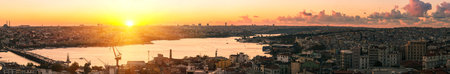 Panorama of Golden Horn Gulf in Istanbul at sunset, Turkey