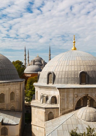 Tomb of Sultan Selim II, Murad III and Blue Mosque on background the blue sky on clear day, Istanbul, Turkeyの写真素材