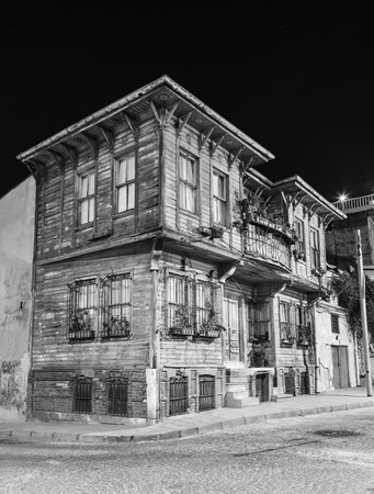 Turkey. Istanbul. The old wooden house on a narrow street in area Sultanahmet, black and whiteのeditorial素材