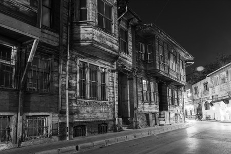 Turkey. Istanbul. The old wooden house on a narrow street in area Sultanahmet, black and whiteのeditorial素材