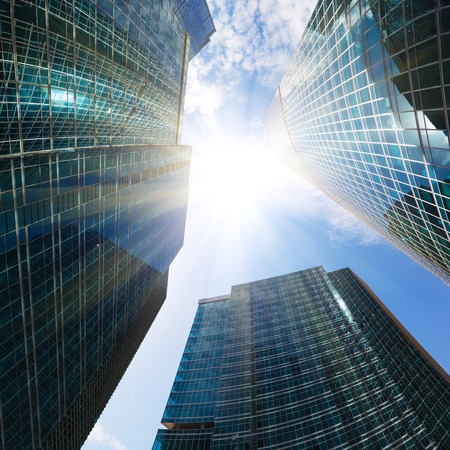 Blue Skyscrapers on sky background in Moscow, Russiaの写真素材