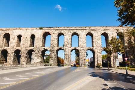 Aqueduct of Valens on background blue sky in Istanbul, Turkey.の写真素材