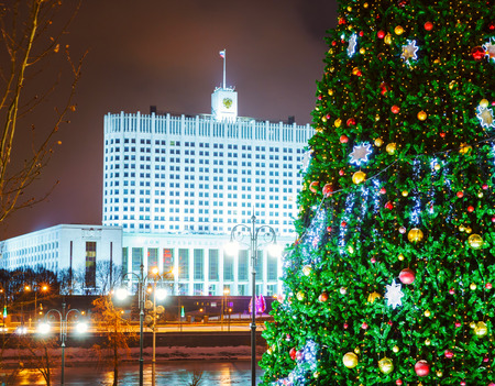 Christmas tree with balls on the background architecture of Moscow. の写真素材