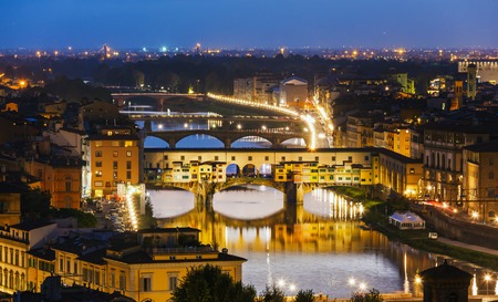 Houses, Arno River and bridges Ponte Vecchio of Florence, Tuscany, Italyの写真素材