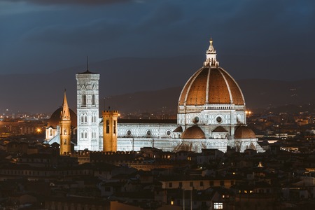 Panorama and Cathedral Santa Maria Del Fiore at summer night in Florence, Italy.の写真素材