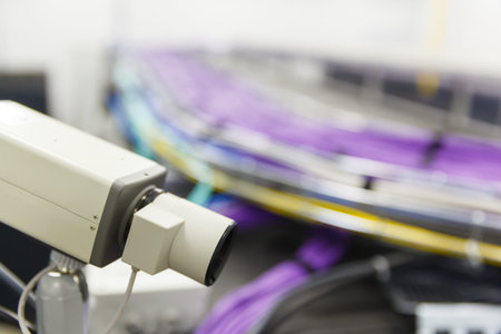 video monitoring and Large group of lilac utp Internet cables in rack data center