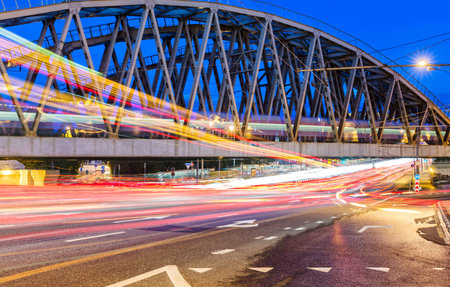 public transport metropolis, traffic and blurry lights train at night, Moscow, Russia