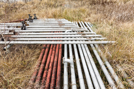 Old rusty pipes and yellowed grass at an abandoned oil refineryの写真素材