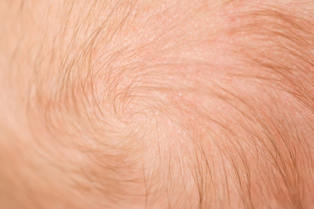 blond hair on the head of the newborn, background closeup