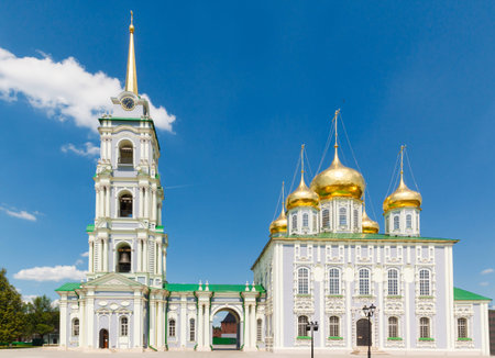 white church Assumption Cathedral on a background of blue sky in the town of Tula, Russia