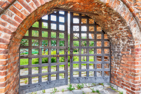 old wooden lattice on the gates in a monastery Russiaの写真素材